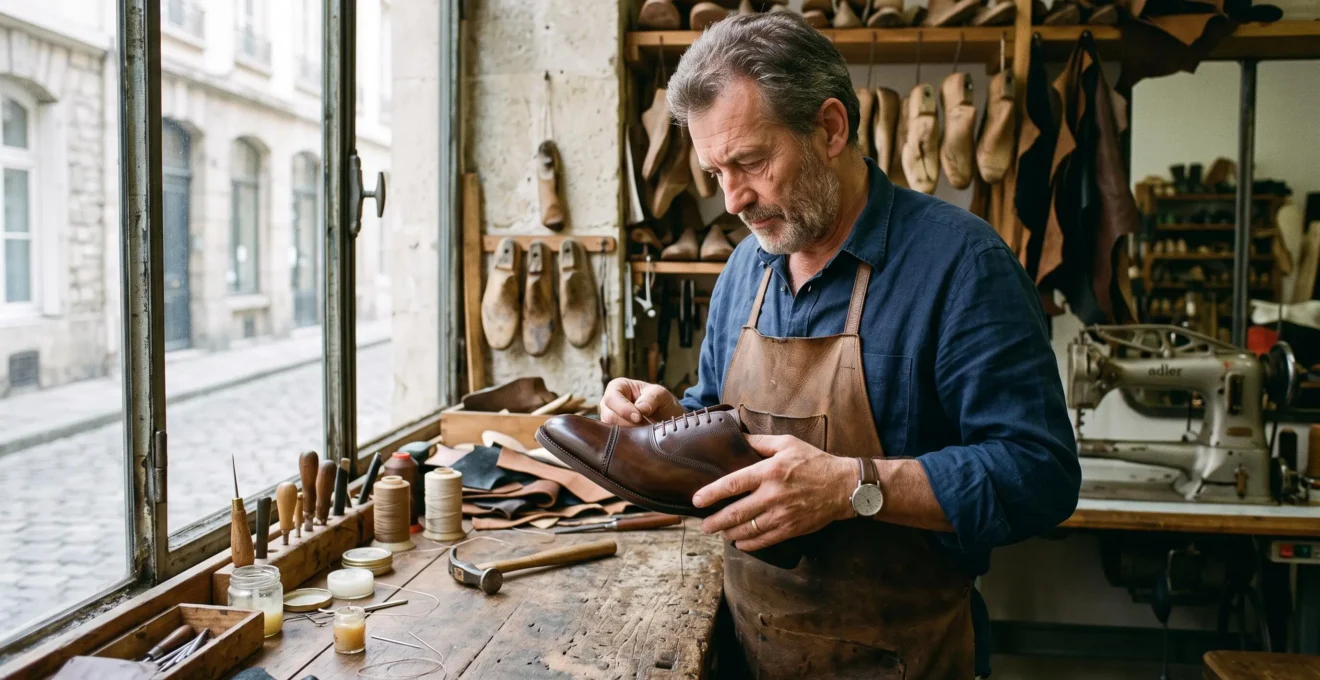 Un artisan bottier examine une chaussure en cuir dans son atelier.
