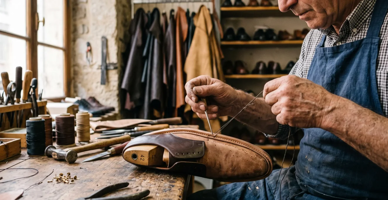 Les mains d'un artisan cousent une semelle de chaussure à l'atelier.