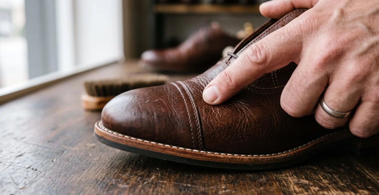 Une main vérifie la texture du cuir d'une chaussure sur un comptoir.